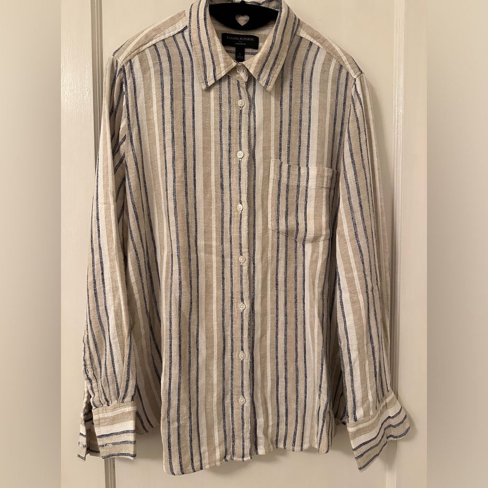 BANANA REPUBLIC Perfect Linen Striped Shirt | Blue Tan White | L - Picture 2 of 4